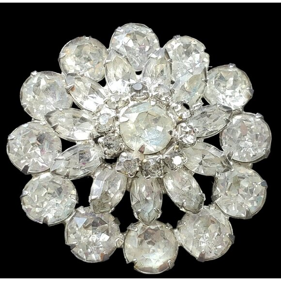 VTG WEISS Brooch Pin Clear Rhinestone Domed Layers Round Marquise Silver Tone - Picture 9 of 16